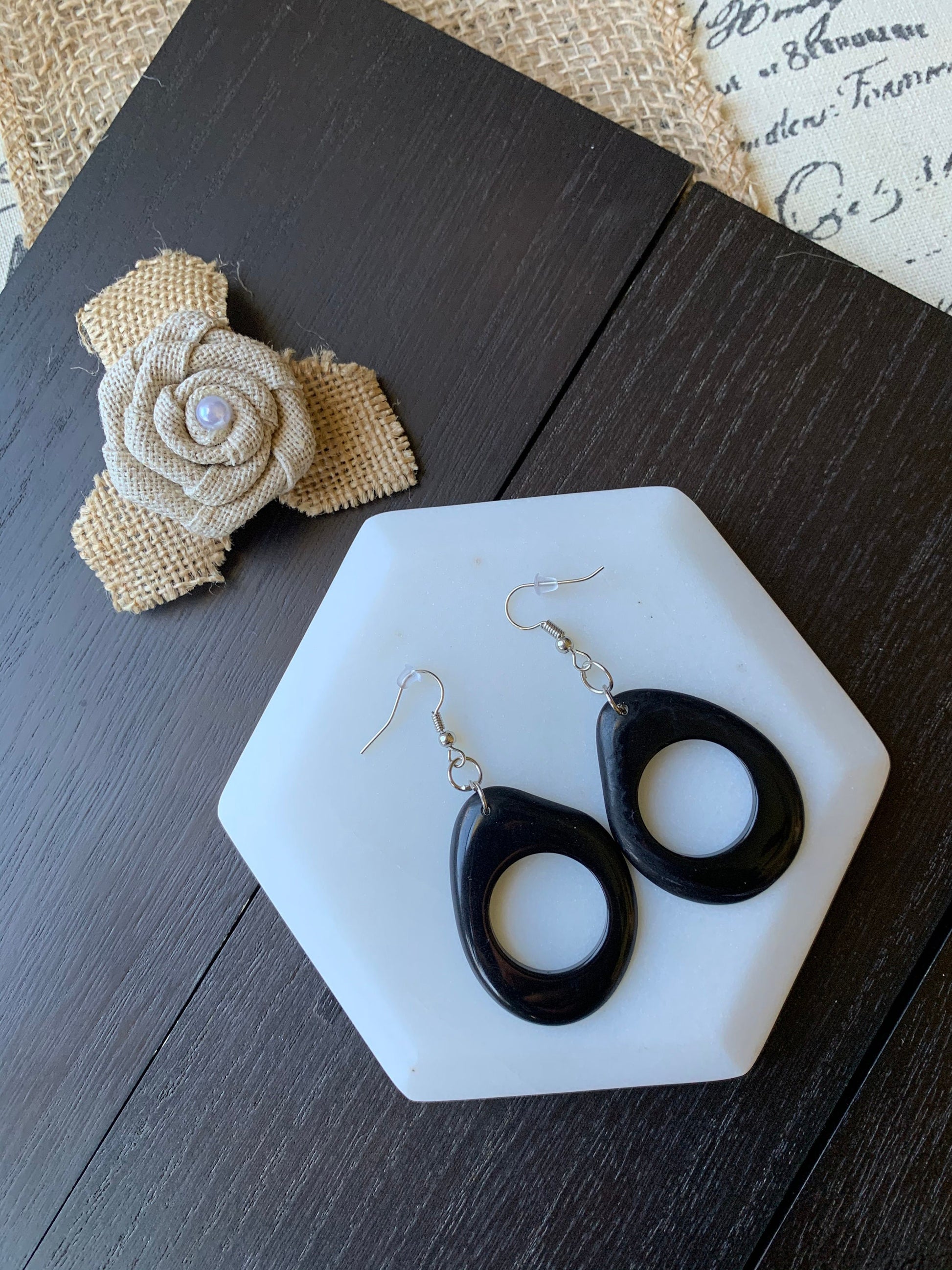 Black modern retro earrings Tagua jewelry Dangly cutout earrings Statement dangle earring Everyday lightweight Boho mod hoops Handmade drops