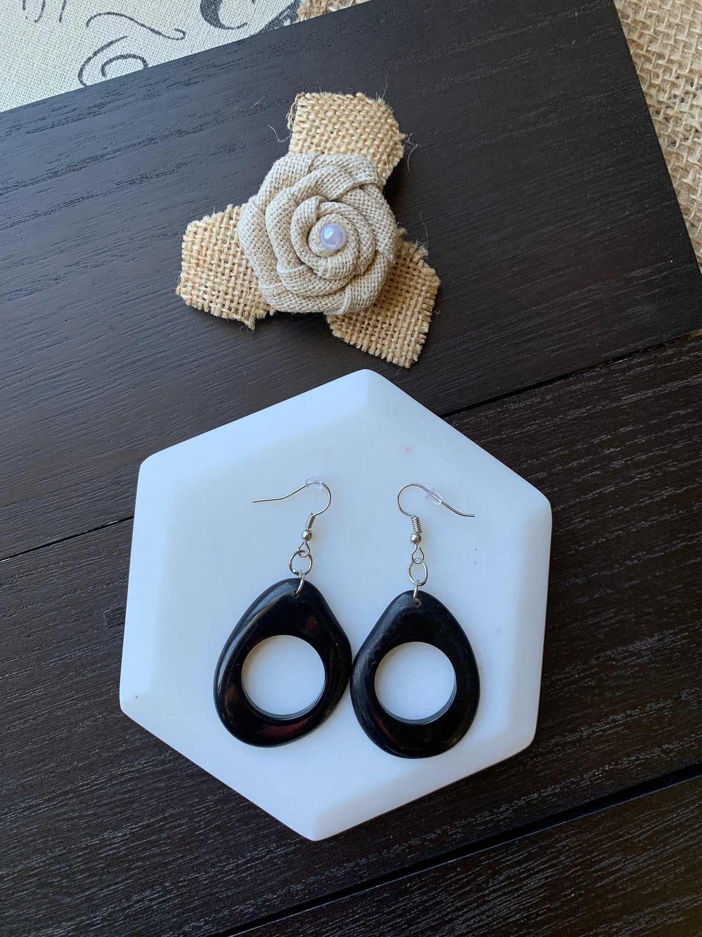 Black modern retro earrings Tagua jewelry Dangly cutout earrings Statement dangle earring Everyday lightweight Boho mod hoops Handmade drops