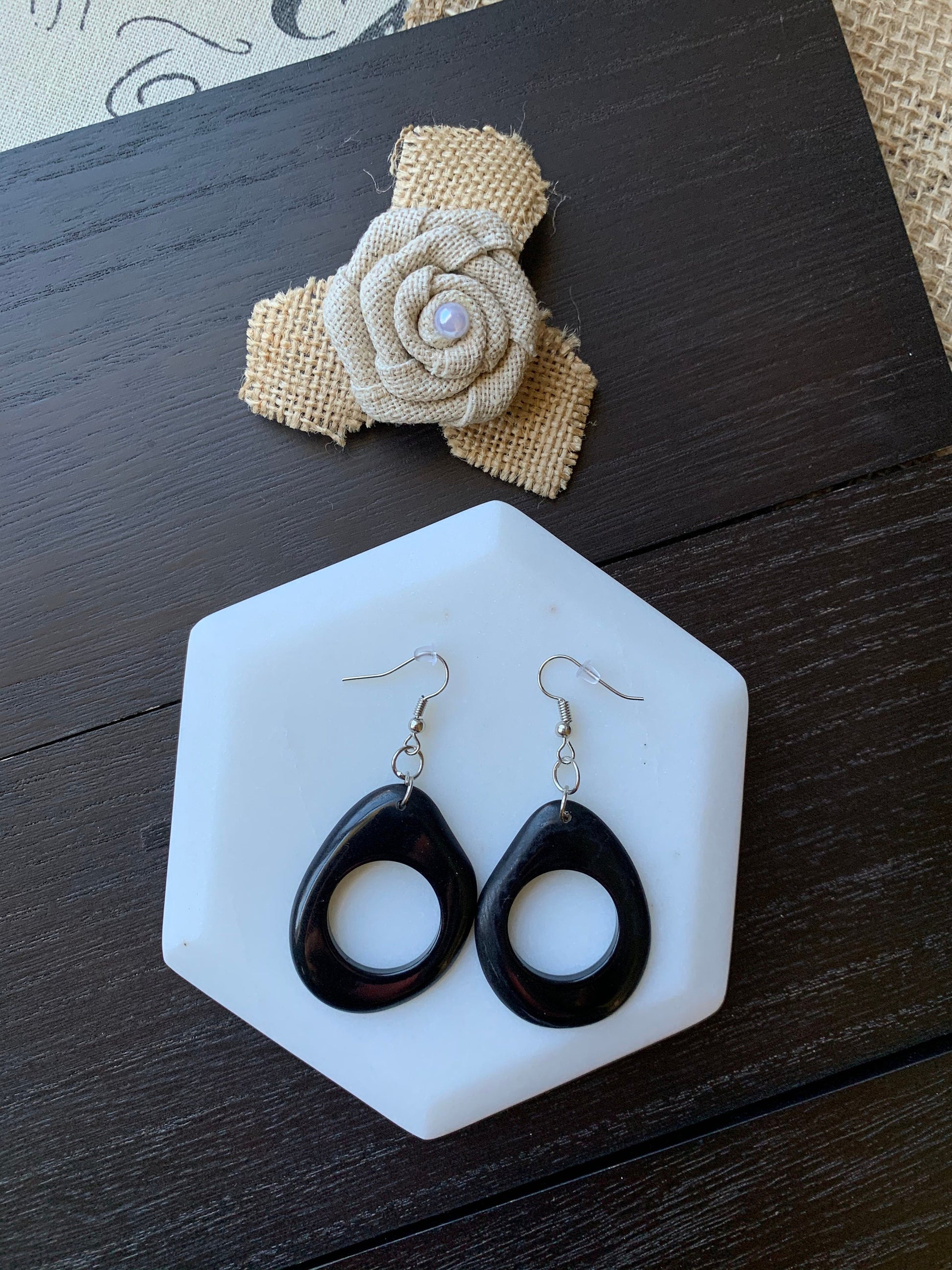 Black modern retro earrings Tagua jewelry Dangly cutout earrings Statement dangle earring Everyday lightweight Boho mod hoops Handmade drops