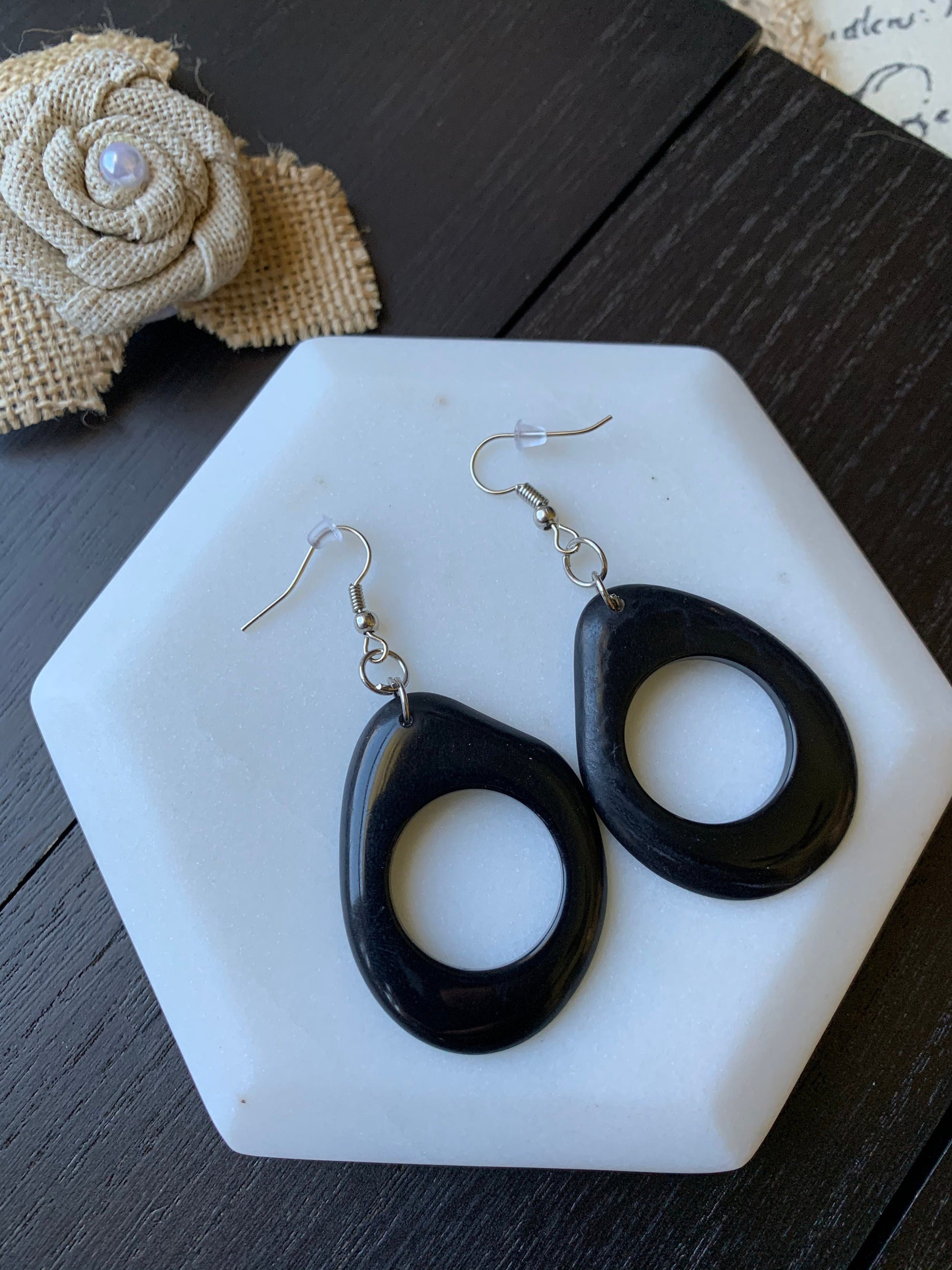 Black modern retro earrings Tagua jewelry Dangly cutout earrings Statement dangle earring Everyday lightweight Boho mod hoops Handmade drops