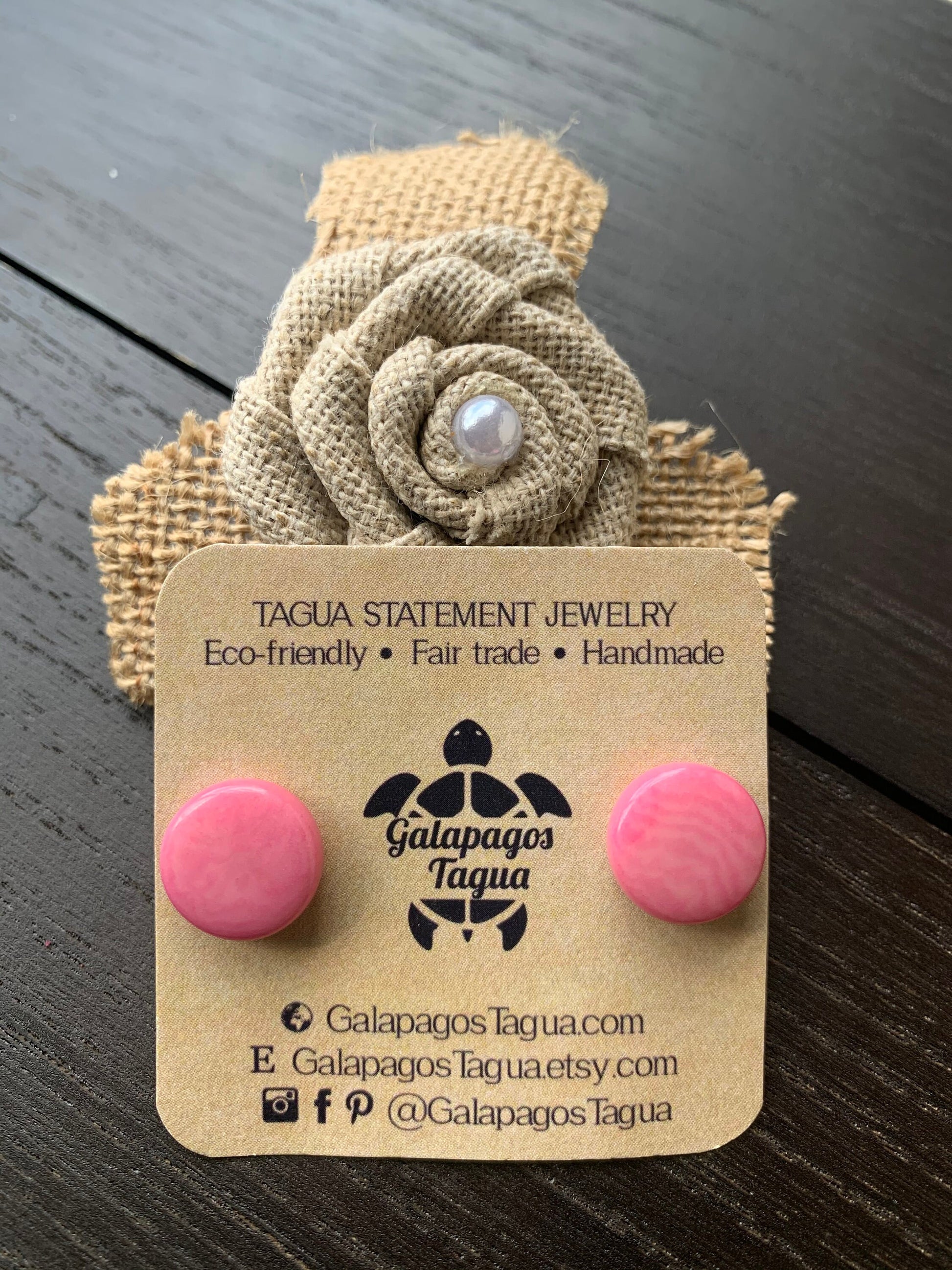 Pink studs Round beaded earrings Tagua jewelry Spring fashion trends Geometric post Artisan handmade Cute colorful organic studs for girls