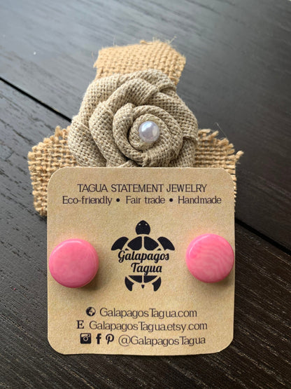 Pink studs Round beaded earrings Tagua jewelry Spring fashion trends Geometric post Artisan handmade Cute colorful organic studs for girls