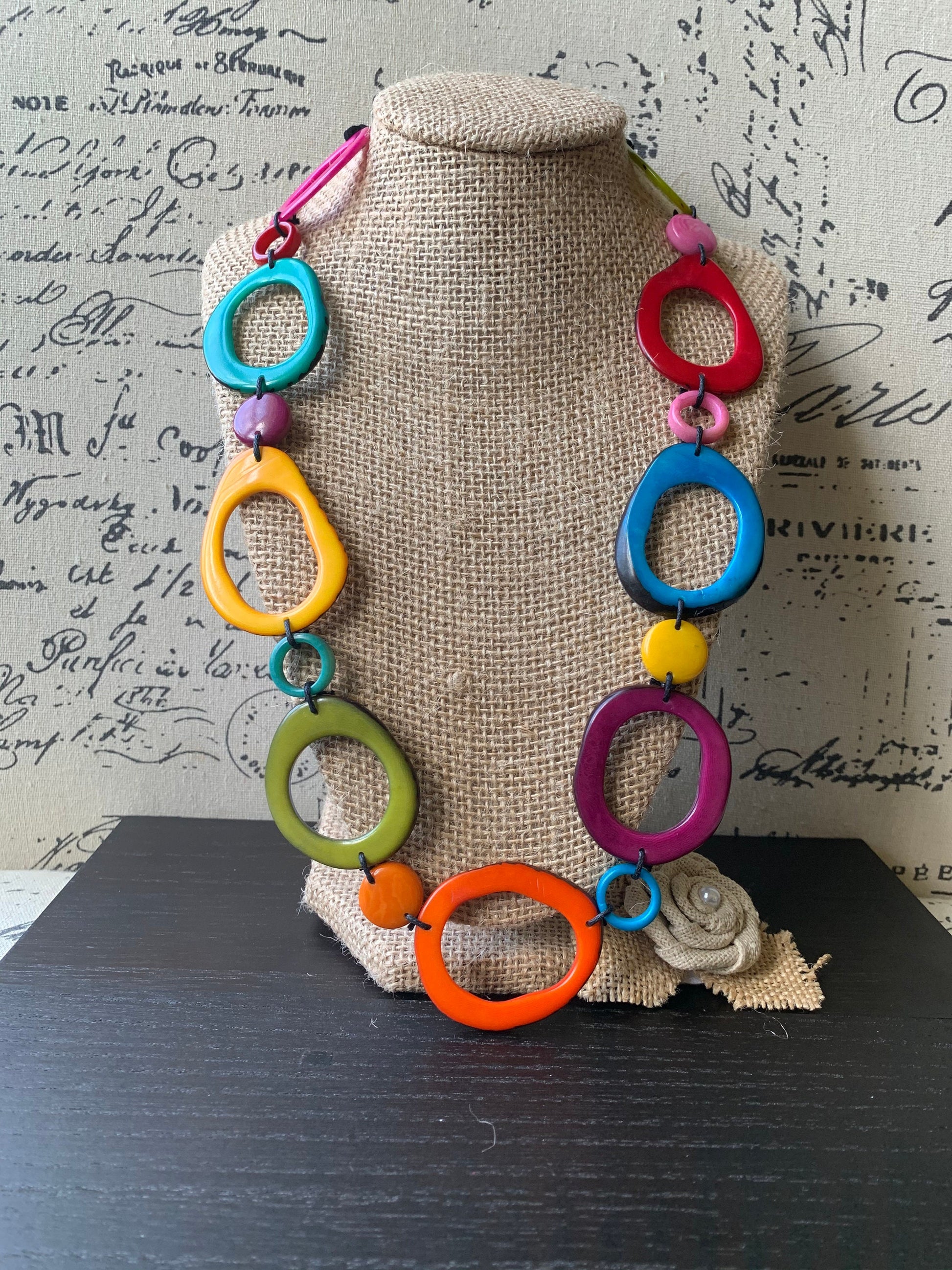 Rainbow statement necklace Tagua necklace Geometric jewelry Donut shape bead Spring fashion Anniversary gift for wife Lightweight adjustable
