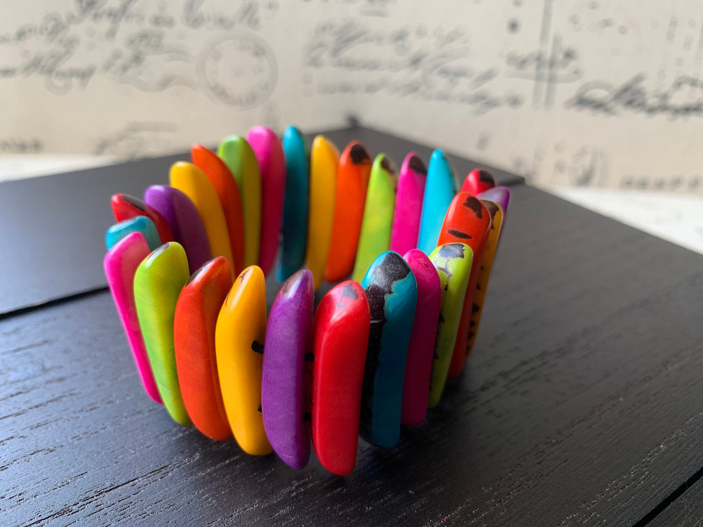 Rainbow beaded bracelet Spiked beads bangle Tagua nut jewelry Multicolor stretch bracelet Beach trends Mother's day gift ideas under 20