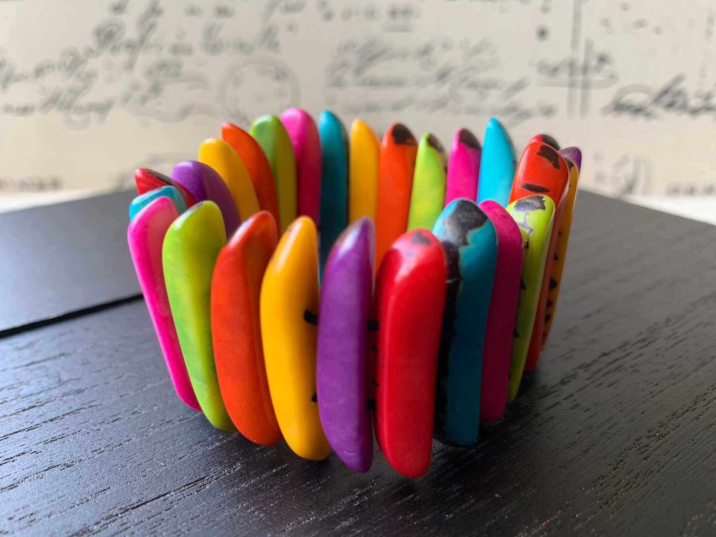 Rainbow beaded bracelet Spiked beads bangle Tagua nut jewelry Multicolor stretch bracelet Beach trends Mother's day gift ideas under 20