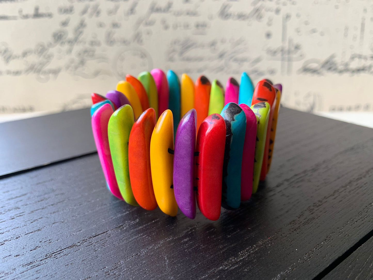 Rainbow beaded bracelet Spiked beads bangle Tagua nut jewelry Multicolor stretch bracelet Beach trends Mother's day gift ideas under 20