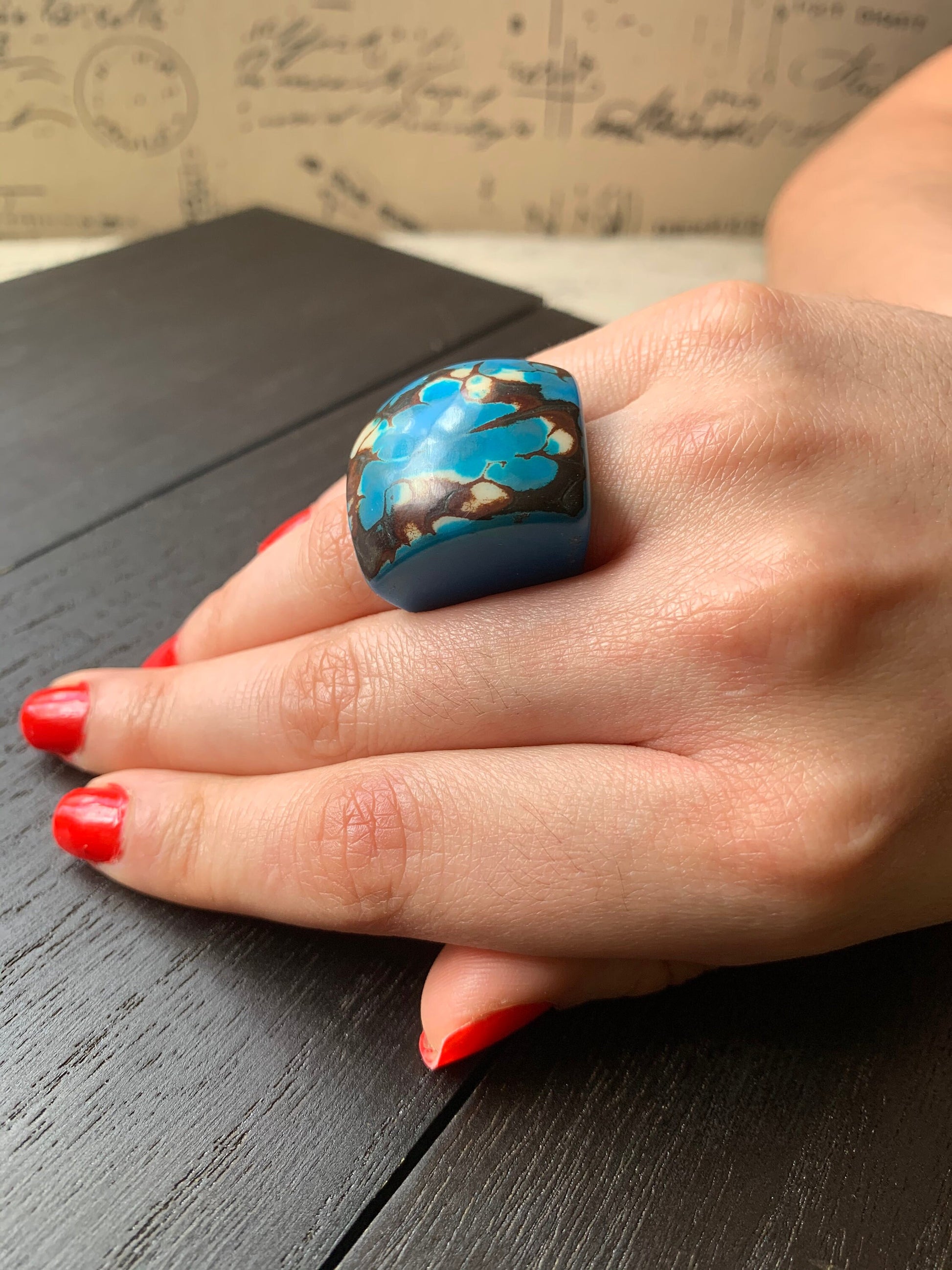 Turquoise statement large ring Tagua Unusual jewelry Cocktail rings for women Summer fashion Big bold chunky Beach trend Oversized huge ring