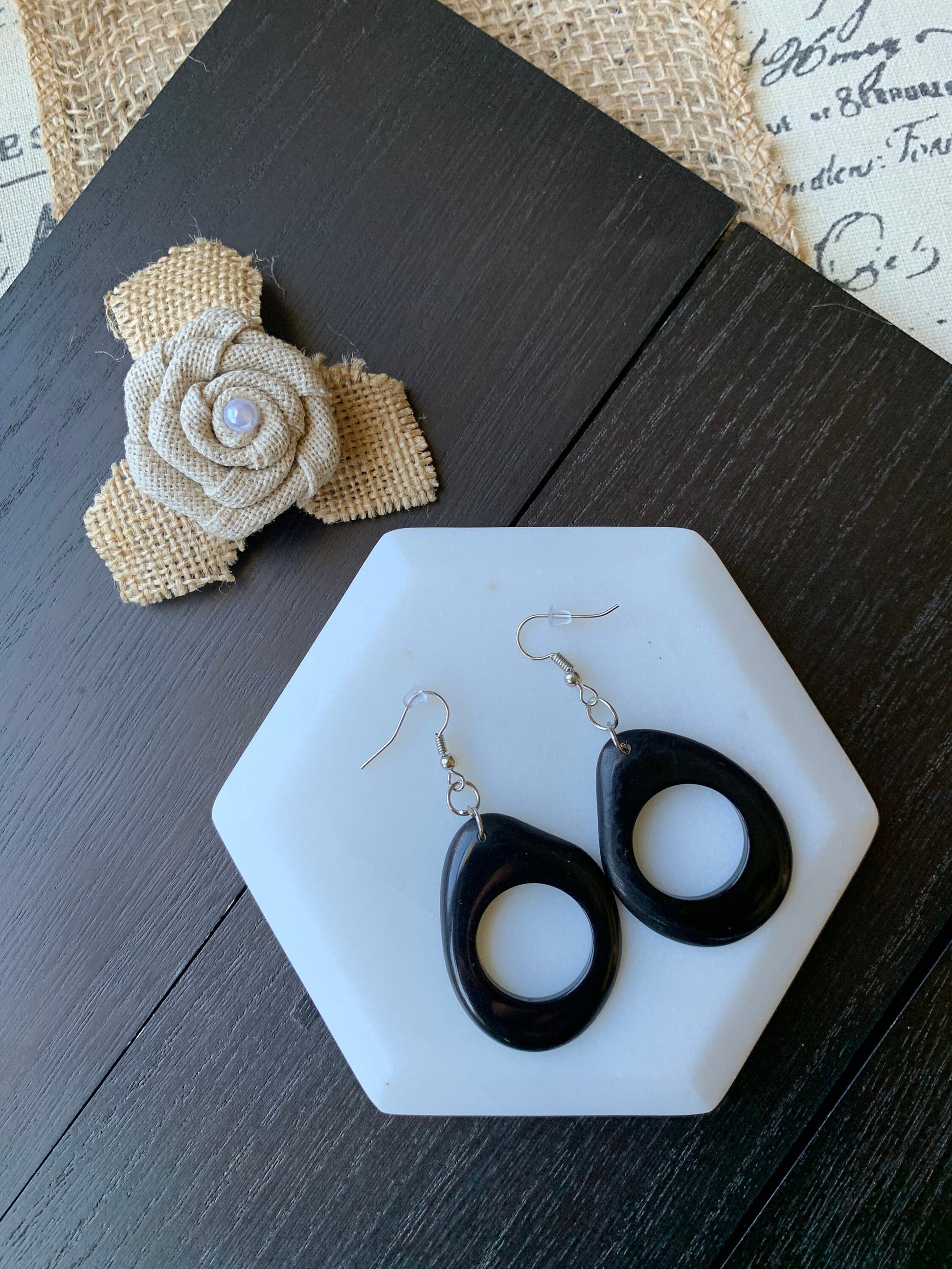 Black modern retro earrings Tagua jewelry Dangly cutout earrings Statement dangle earring Everyday lightweight Boho mod hoops Handmade drops