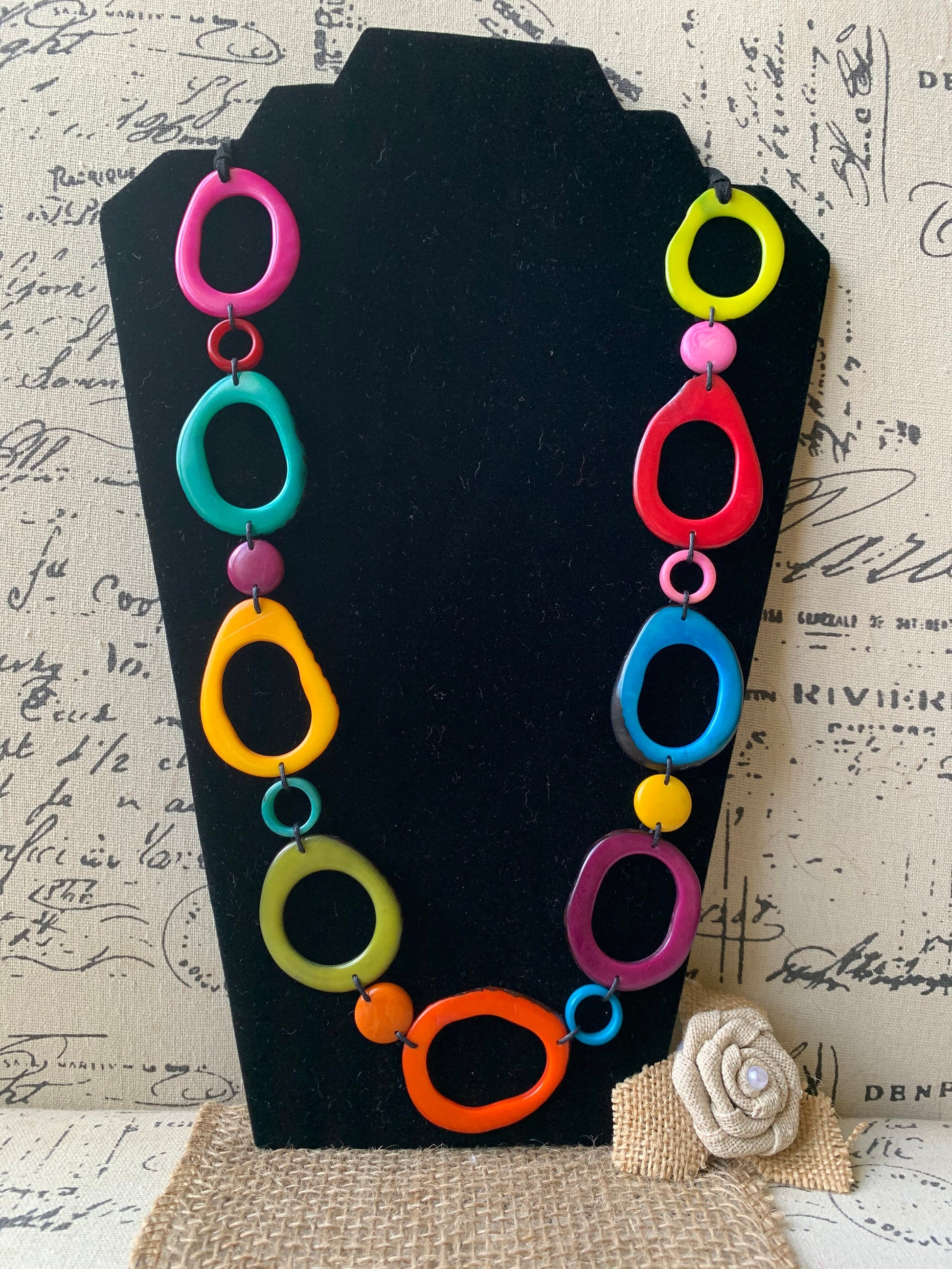 Rainbow statement necklace Tagua necklace Geometric jewelry Donut shape bead Spring fashion Anniversary gift for wife Lightweight adjustable