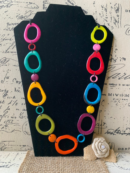 Rainbow statement necklace Tagua necklace Geometric jewelry Donut shape bead Spring fashion Anniversary gift for wife Lightweight adjustable