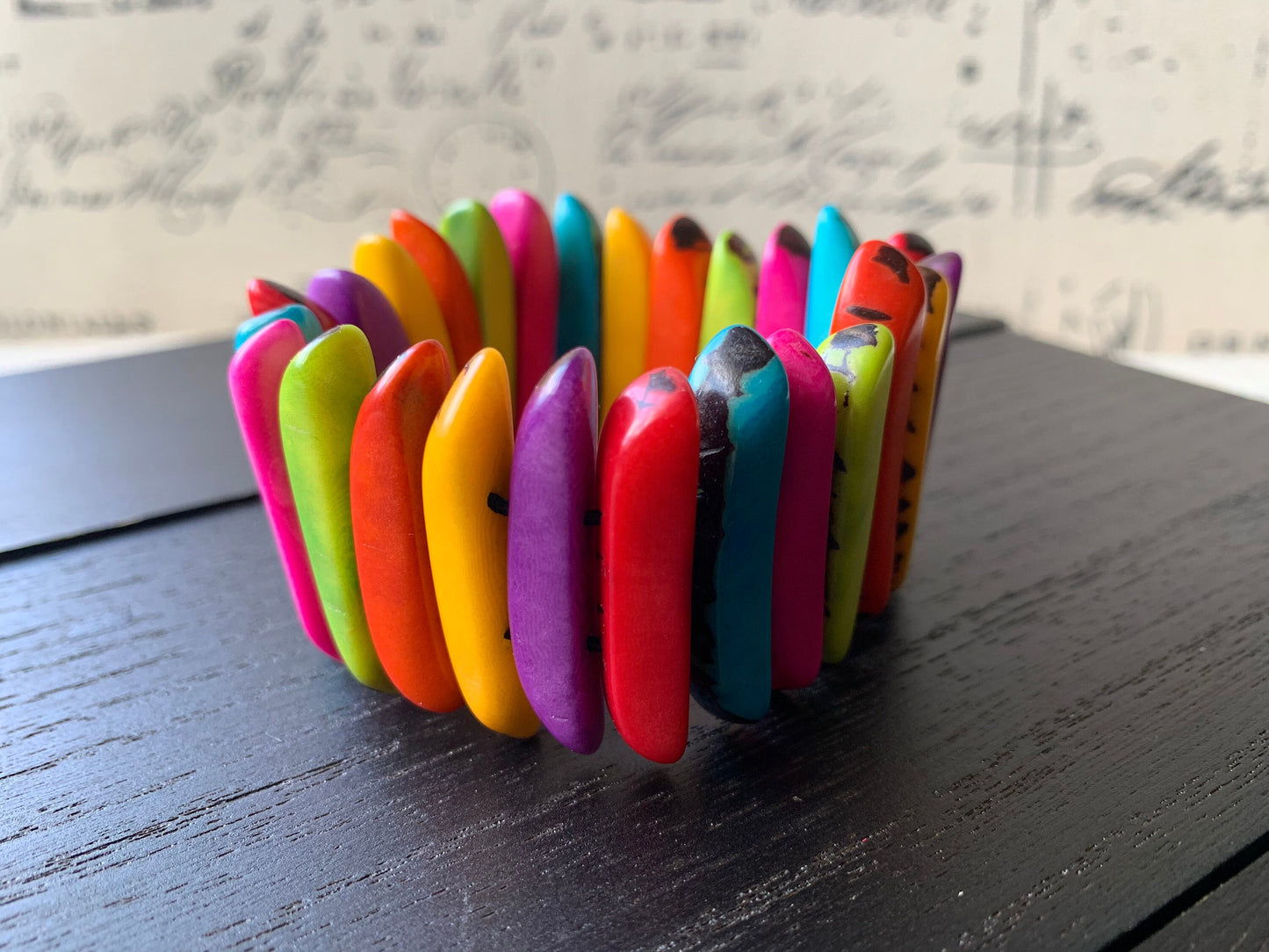 Rainbow beaded bracelet Spiked beads bangle Tagua nut jewelry Multicolor stretch bracelet Beach trends Mother's day gift ideas under 20