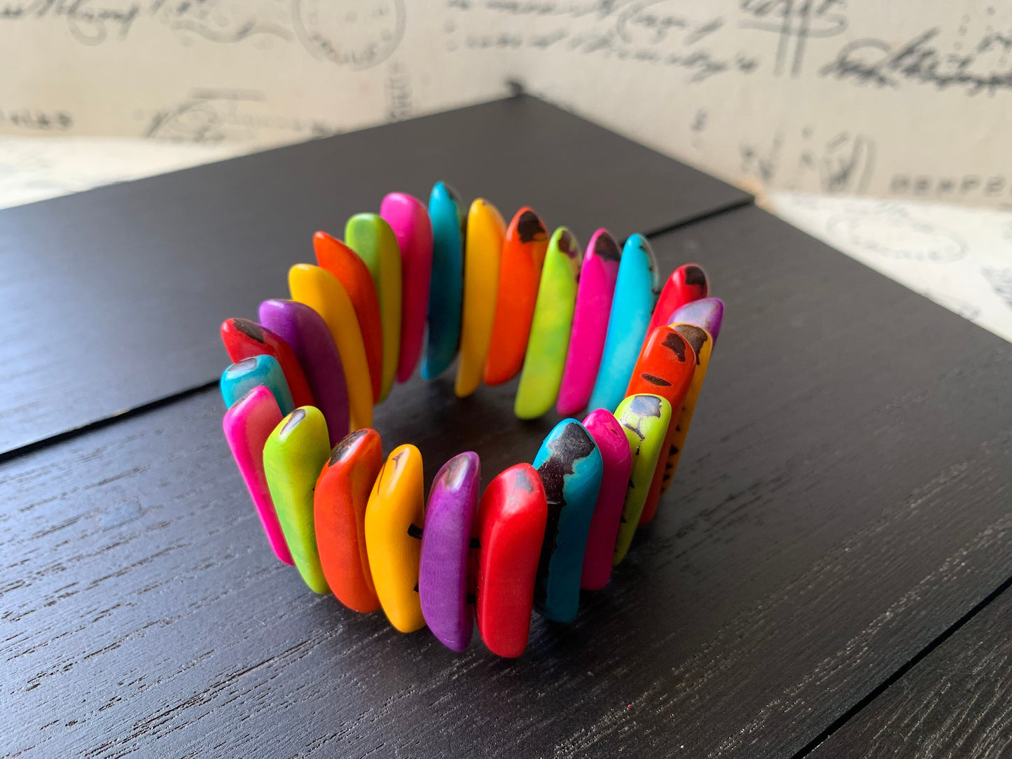 Rainbow beaded bracelet Spiked beads bangle Tagua nut jewelry Multicolor stretch bracelet Beach trends Mother's day gift ideas under 20