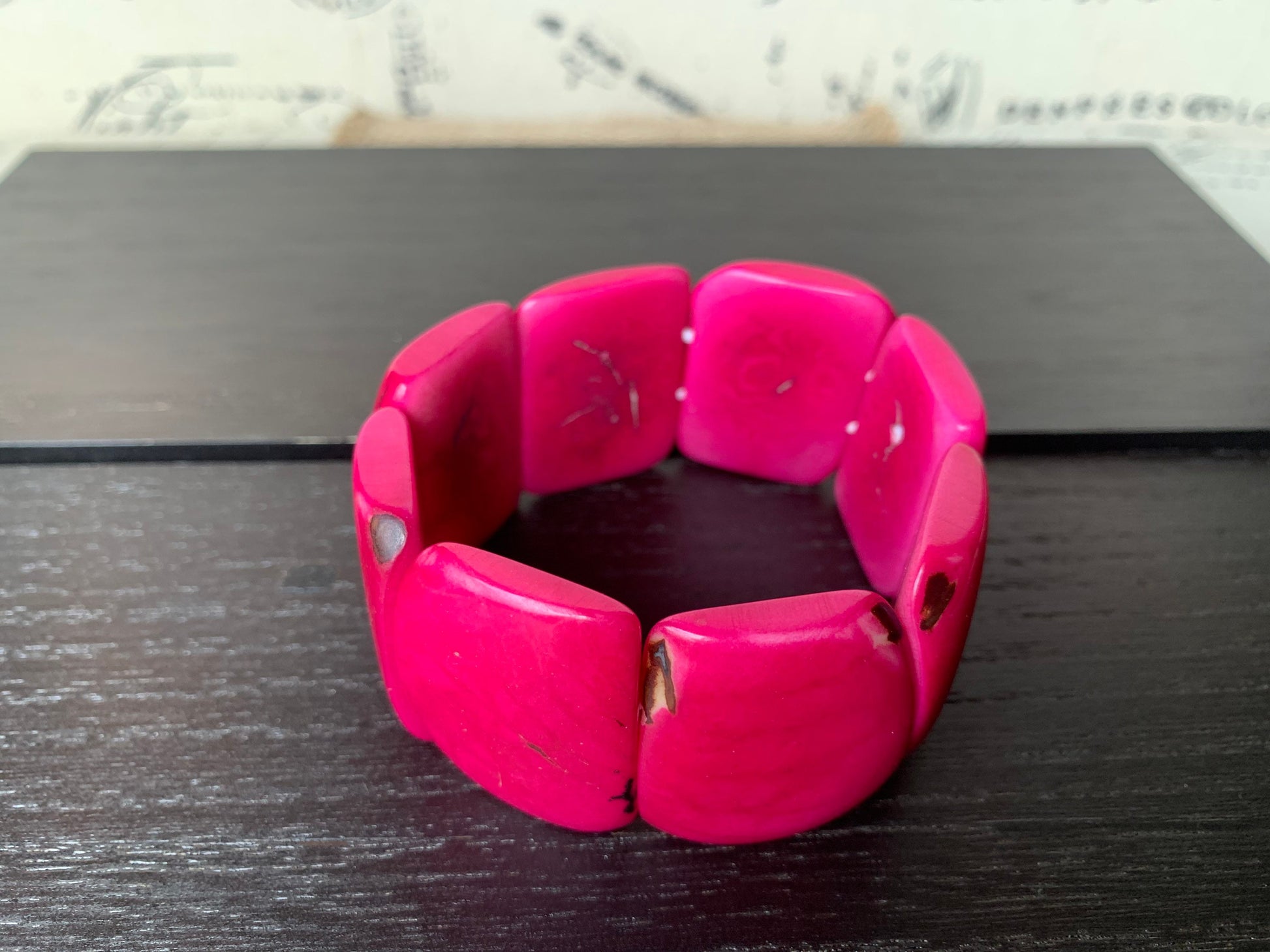 Hot pink statement beaded bracelet Tagua Jewelry Summer fashion trends Big bold beads Wide cuff bangle Beach wedding style Anniversary gifts