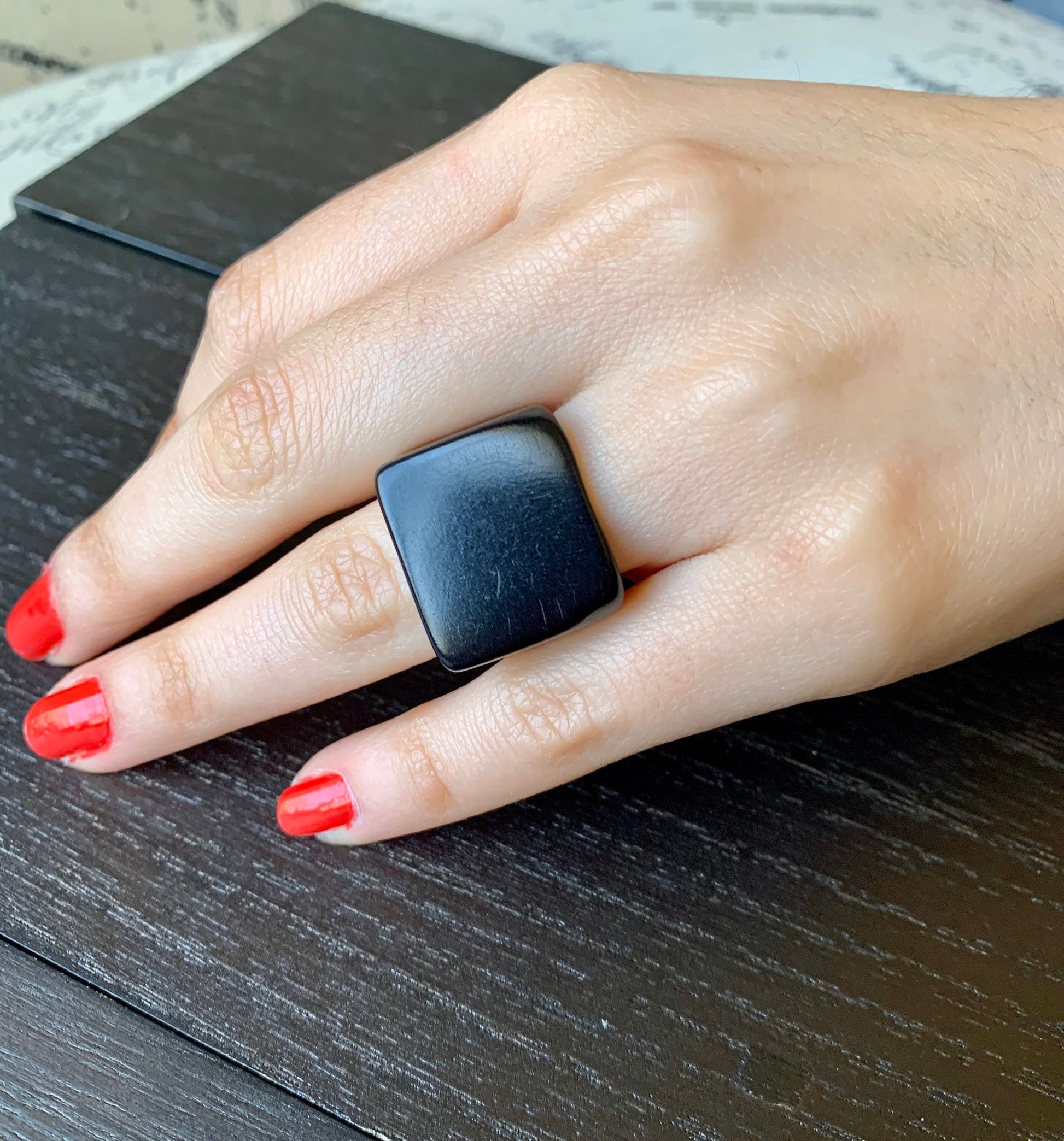 Black statement ring Tagua jewelry Unusual fashion jewelry Summer style Big bold cocktail ring Anniversary gift women Huge oversized ring