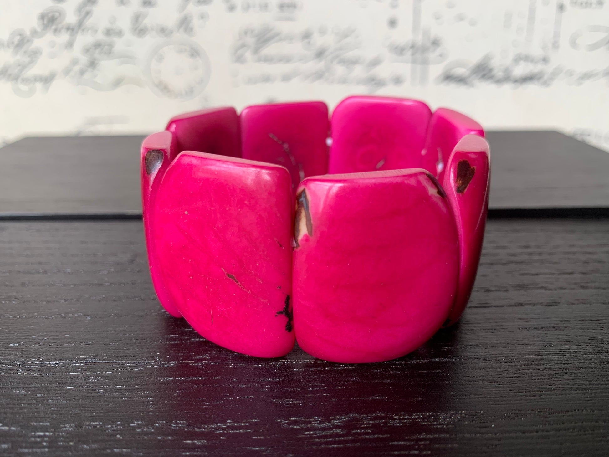 Hot pink statement beaded bracelet Tagua Jewelry Summer fashion trends Big bold beads Wide cuff bangle Beach wedding style Anniversary gifts
