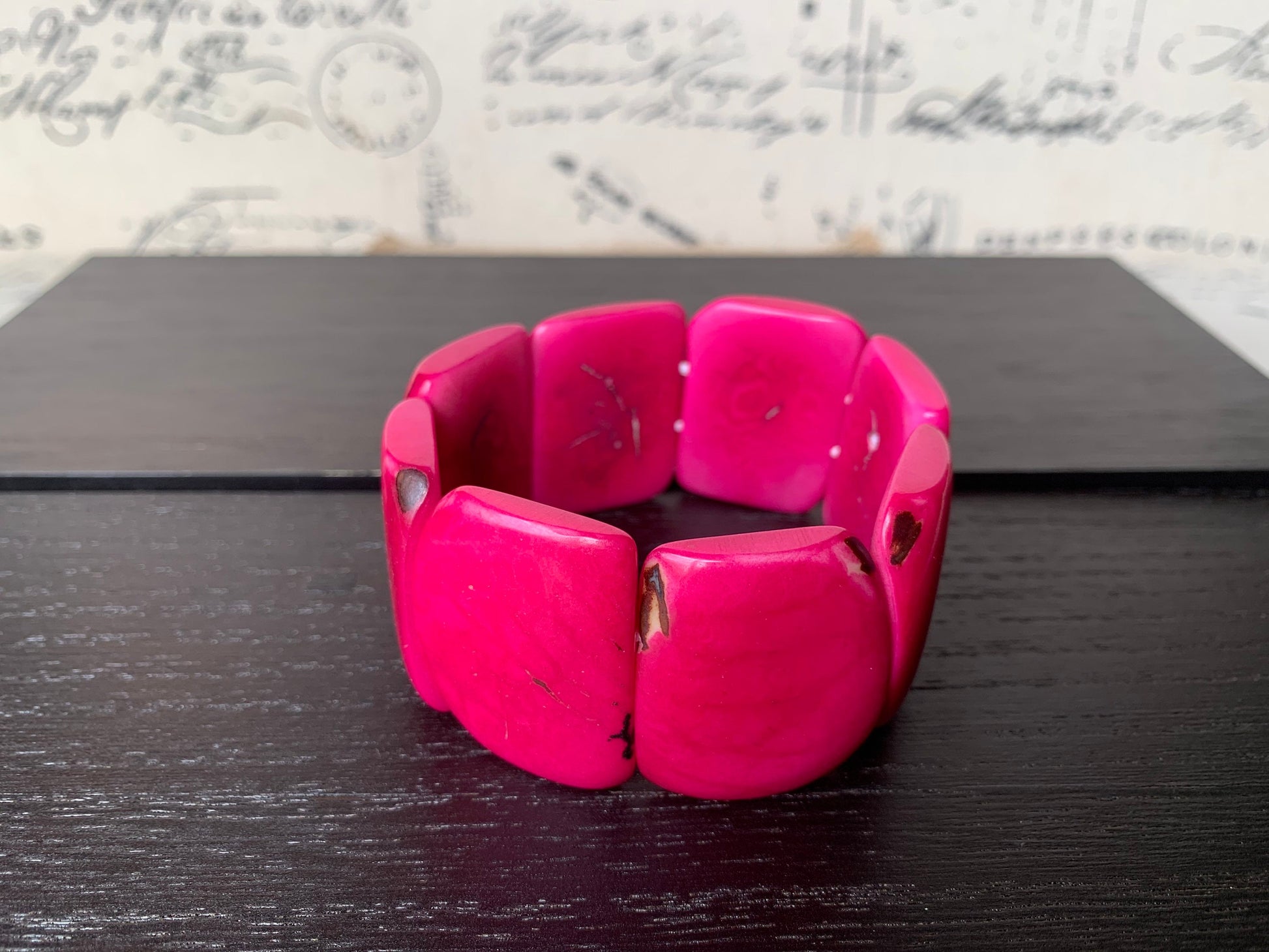 Hot pink statement beaded bracelet Tagua Jewelry Summer fashion trends Big bold beads Wide cuff bangle Beach wedding style Anniversary gifts