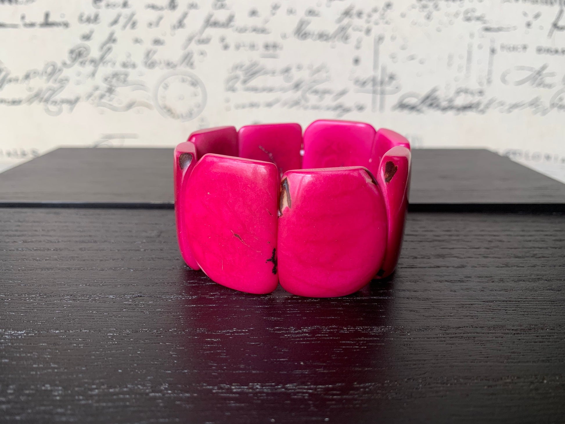 Hot pink statement beaded bracelet Tagua Jewelry Summer fashion trends Big bold beads Wide cuff bangle Beach wedding style Anniversary gifts