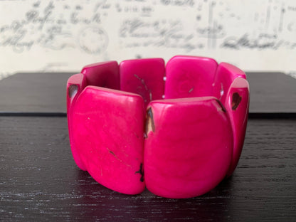 Hot pink statement beaded bracelet Tagua Jewelry Summer fashion trends Big bold beads Wide cuff bangle Beach wedding style Anniversary gifts