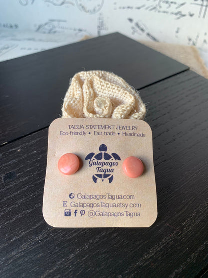 Peach stud earrings Round beaded earrings Tagua jewelry Gift ideas under 10 Geometric post Anniversary gift for wife Spring fashion trends