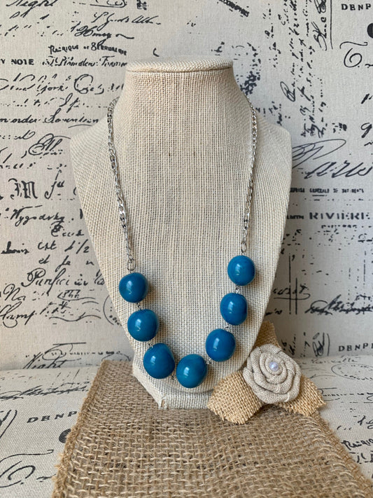 Turquoise blue Tagua necklace with silver chain Bubblegum bead necklace Anniversary gift for wife Fall trendy fashion Artisan handmade