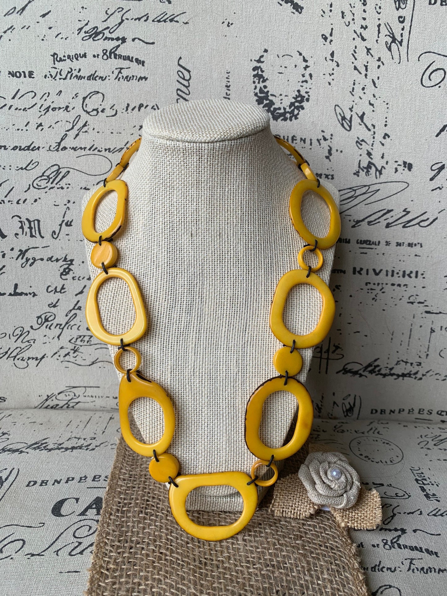 Yellow tagua necklace Statement geometric jewelry Handmade donut shape beads Fall fashion trends Boho mod adjustable collar For wedding