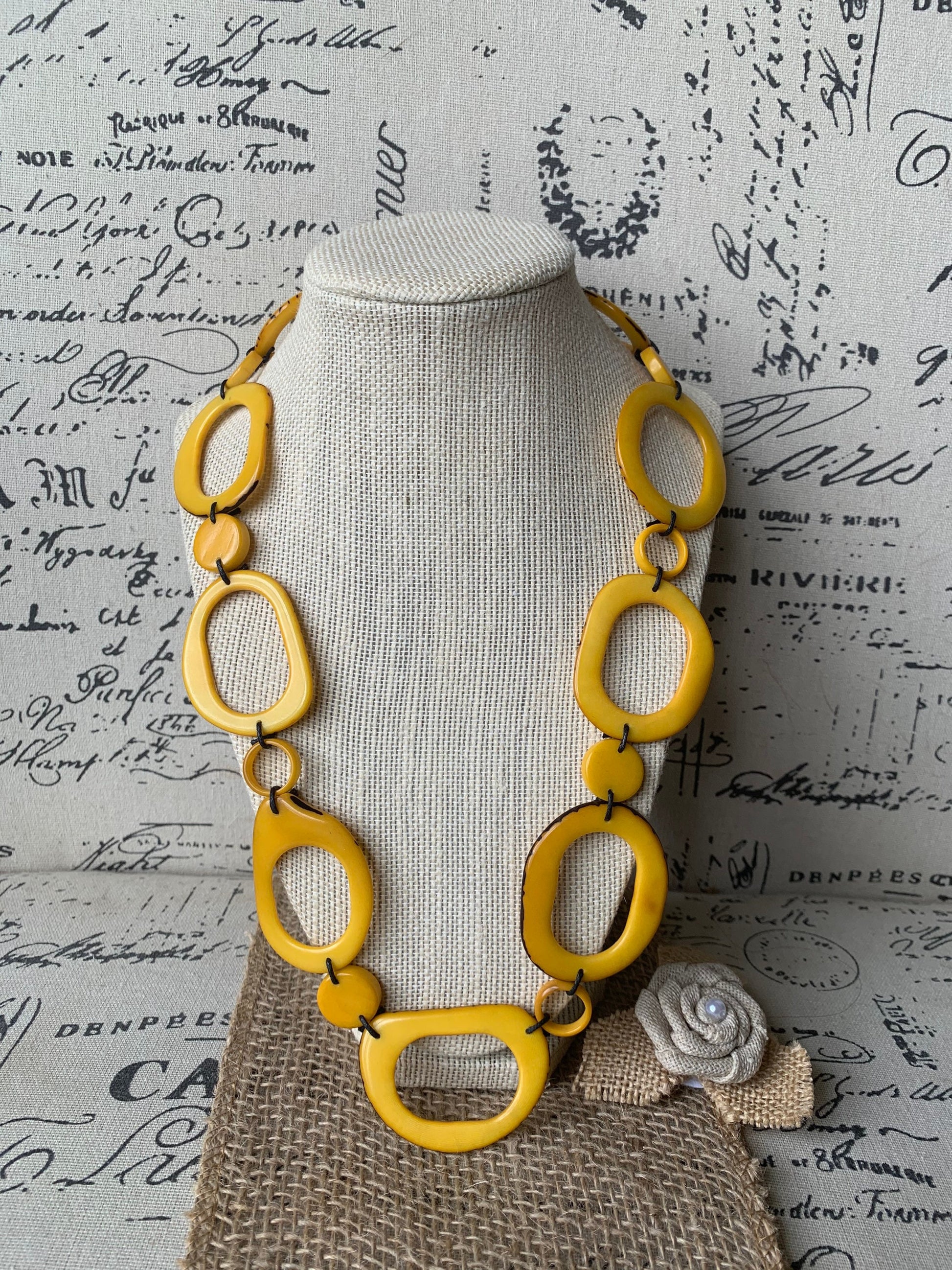 Yellow tagua necklace Statement geometric jewelry Handmade donut shape beads Fall fashion trends Boho mod adjustable collar For wedding