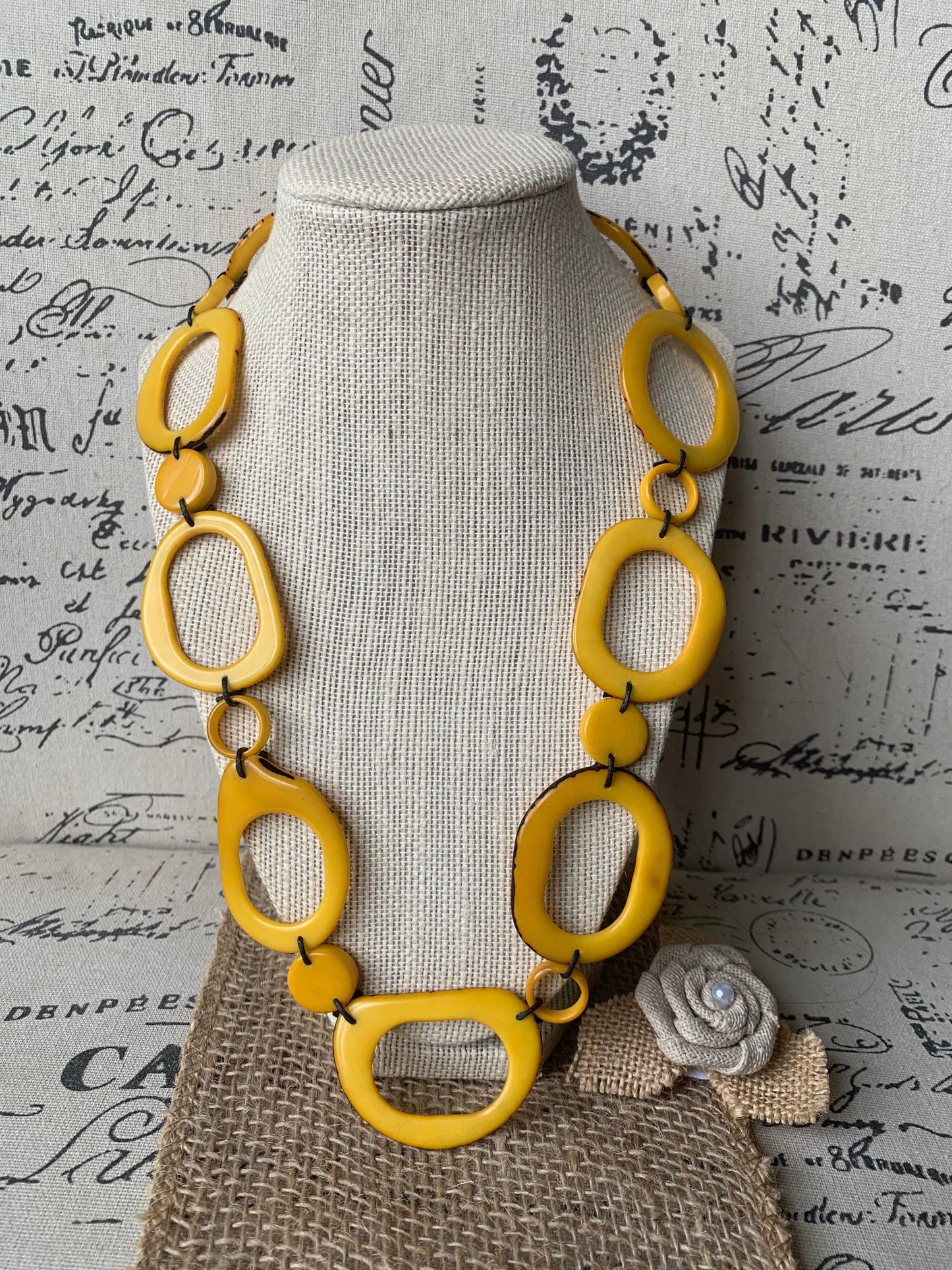 Yellow tagua necklace Statement geometric jewelry Handmade donut shape beads Fall fashion trends Boho mod adjustable collar For wedding