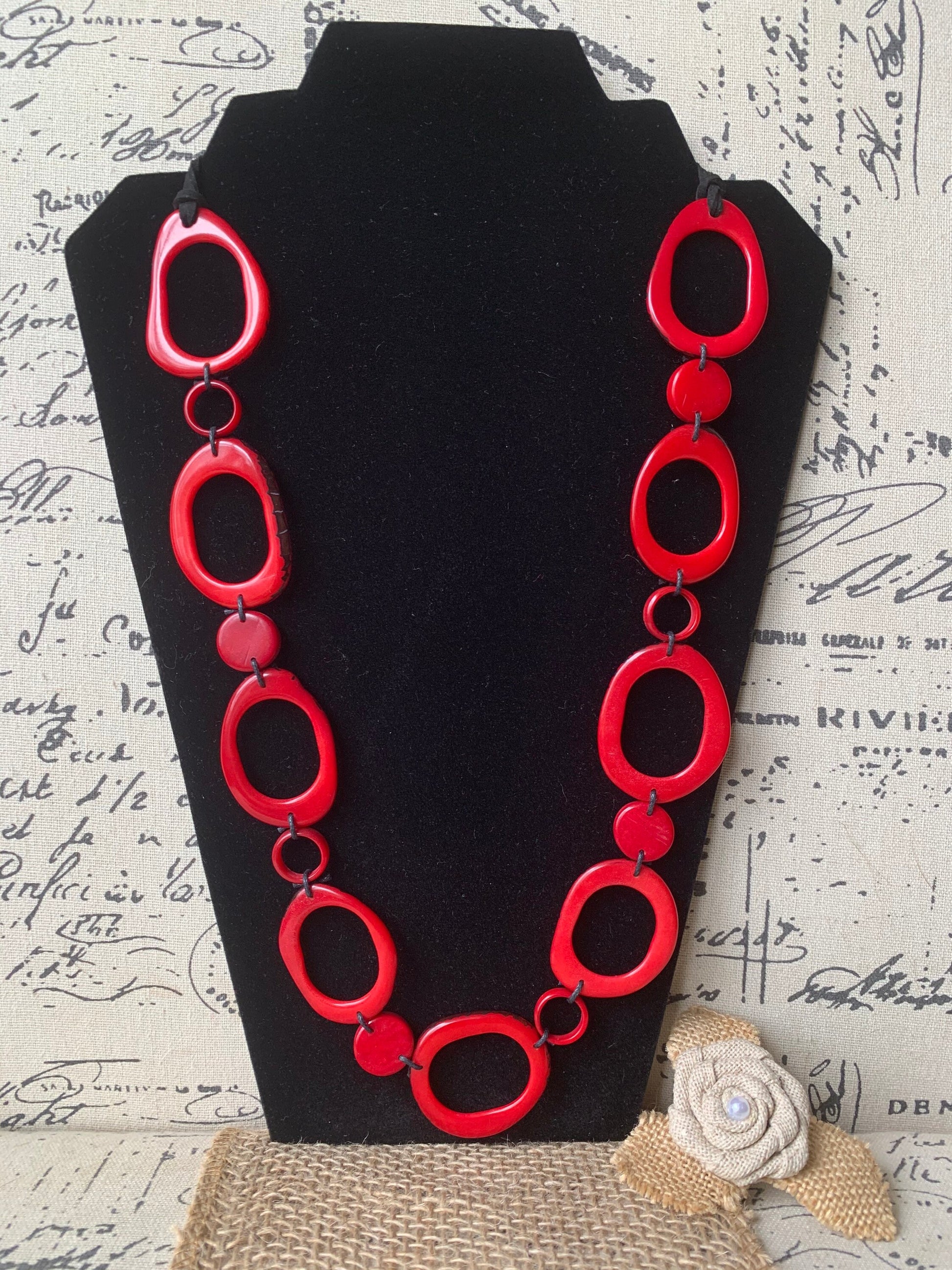Red tagua necklace Statement geometric jewelry Handmade donut shape beads Boho mod adjustable collar Christmas gifts for wife For Holidays