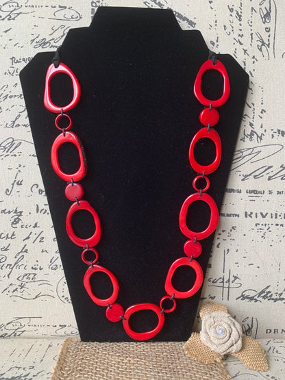 Red tagua necklace Statement geometric jewelry Handmade donut shape beads Boho mod adjustable collar Christmas gifts for wife For Holidays