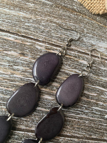 Dark gray statement earrings Extra long tagua earrings beaded Spring fashion jewelry Casual trendy drops Boho mod styleBeach trends
