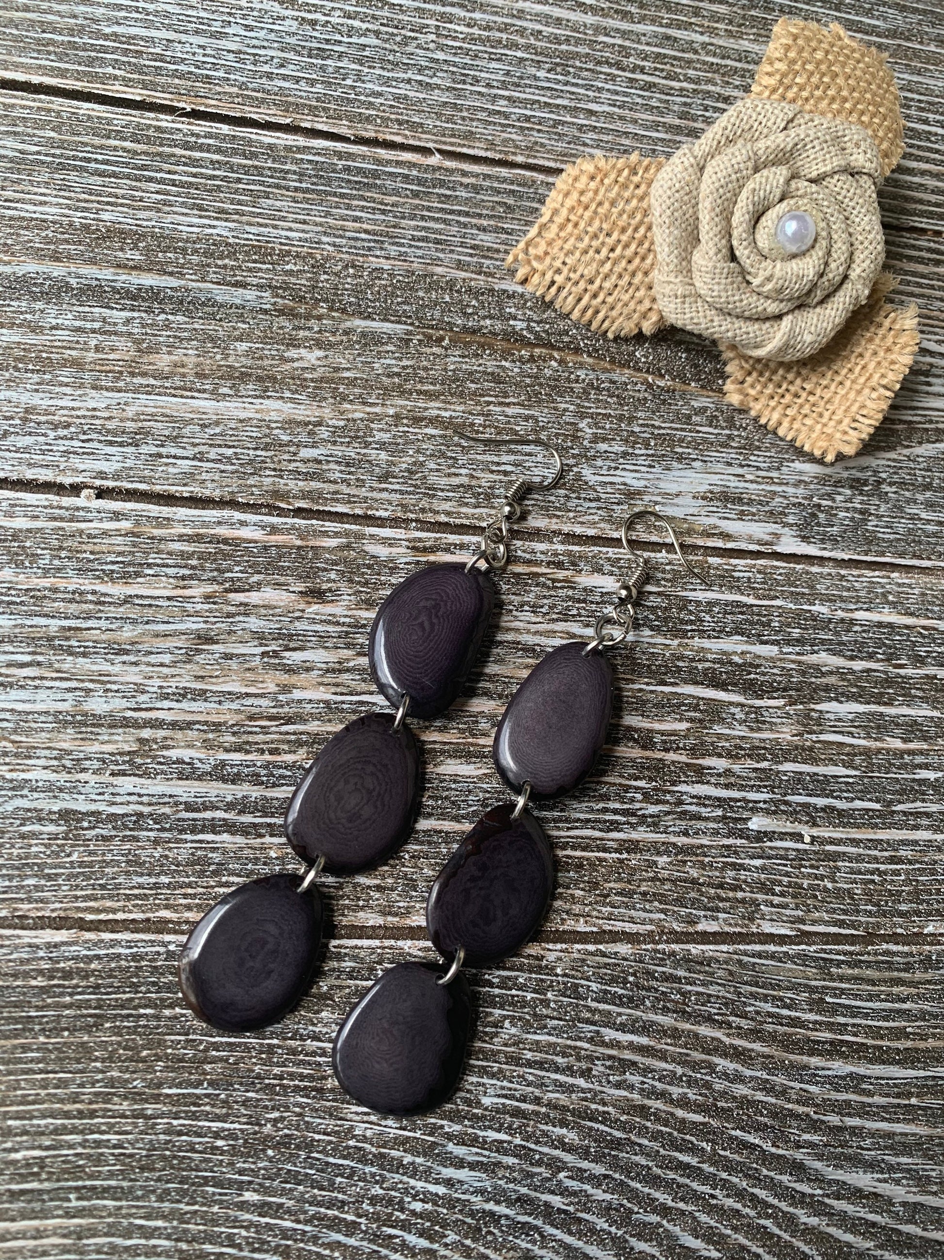 Dark gray statement earrings Extra long tagua earrings beaded Spring fashion jewelry Casual trendy drops Boho mod styleBeach trends