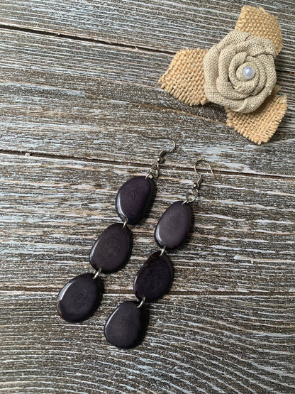 Dark gray statement earrings Extra long tagua earrings beaded Spring fashion jewelry Casual trendy drops Boho mod styleBeach trends