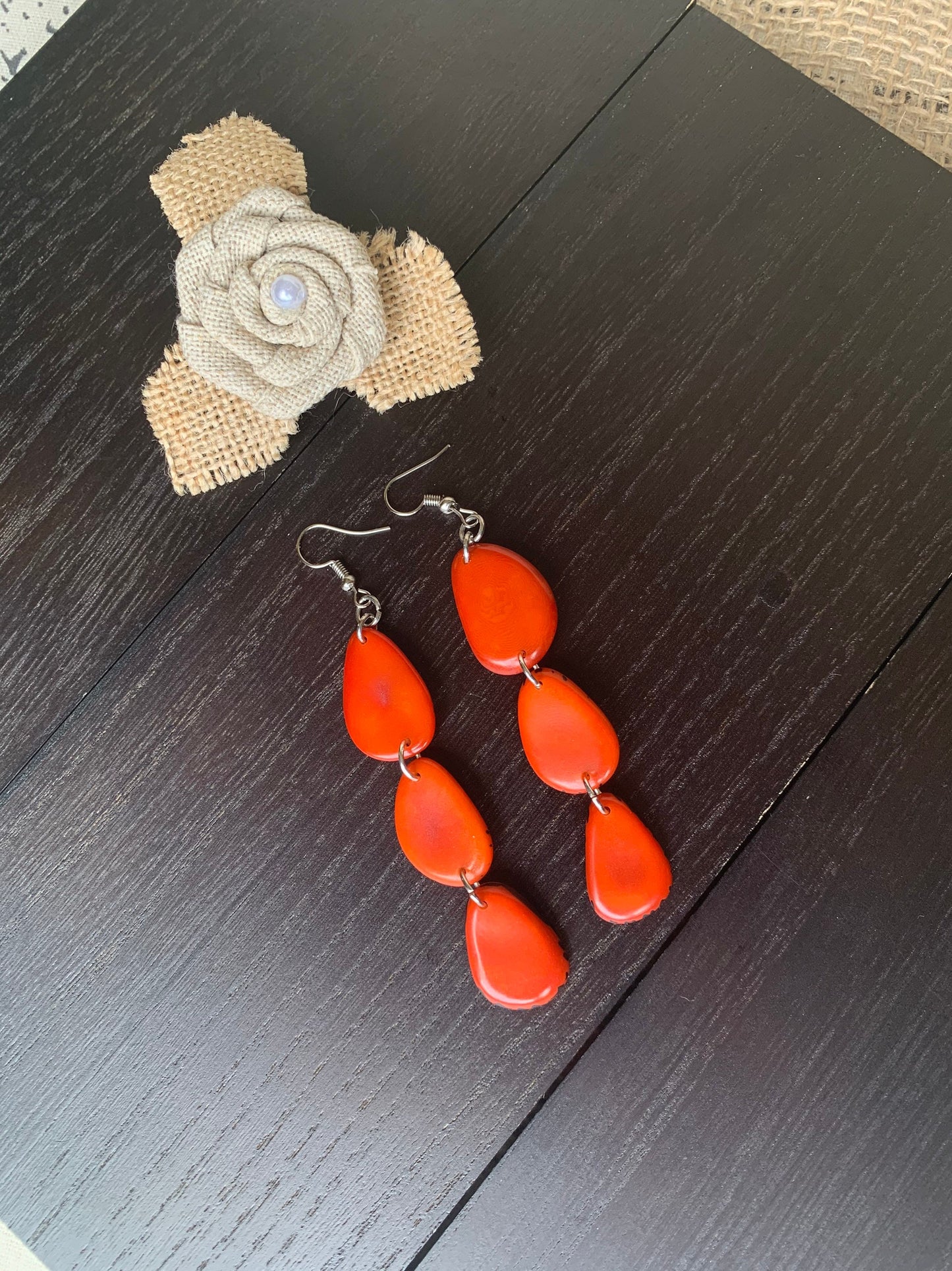 Orange statement dangle earrings Extra long tagua earrings beaded Summer fashion jewelry Casual trendy drops Boho mod style Artisan handmade