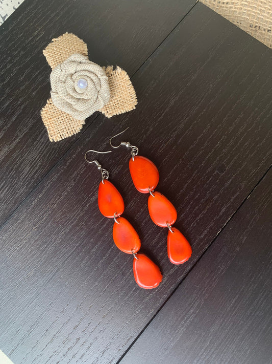 Orange statement dangle earrings Extra long tagua earrings beaded Summer fashion jewelry Casual trendy drops Boho mod style Artisan handmade