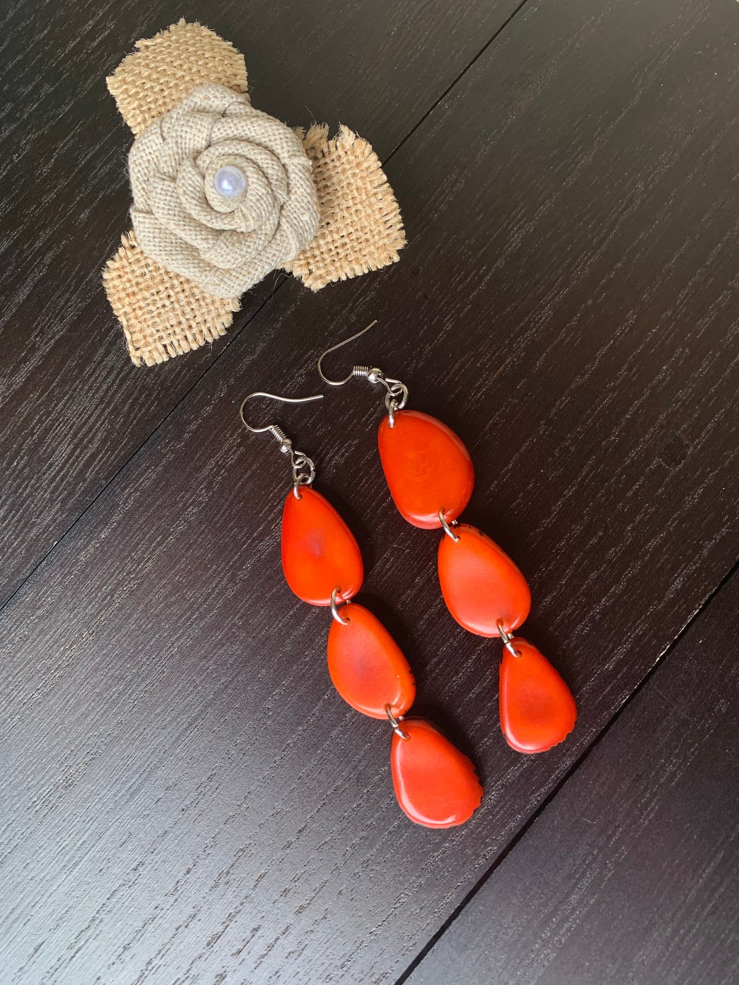 Orange statement dangle earrings Extra long tagua earrings beaded Summer fashion jewelry Casual trendy drops Boho mod style Artisan handmade