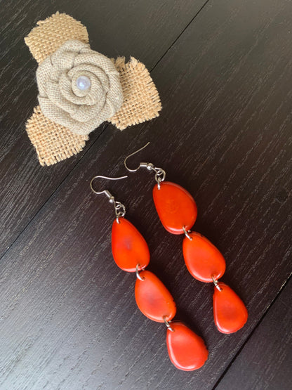 Orange statement dangle earrings Extra long tagua earrings beaded Summer fashion jewelry Casual trendy drops Boho mod style Artisan handmade