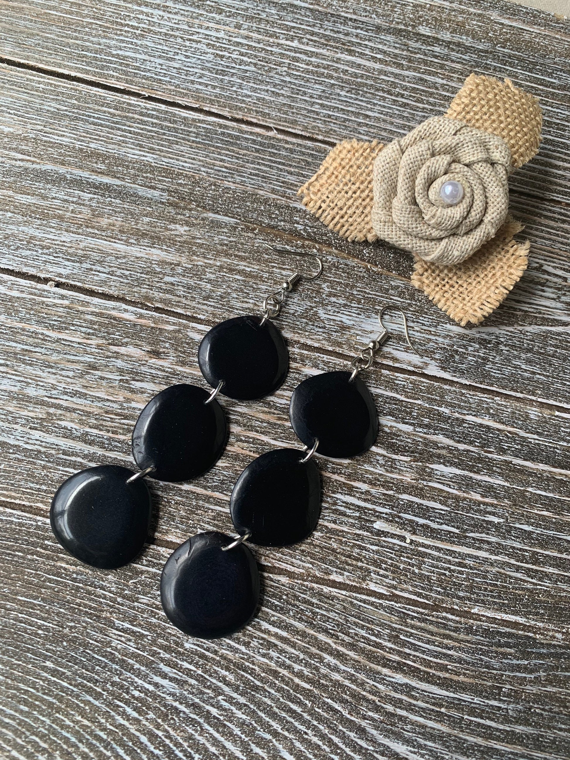 Black extra long statement earrings Tagua earrings beaded Fall fashion Casual trendy drops Boho mod style Artisan handmade Lightweight