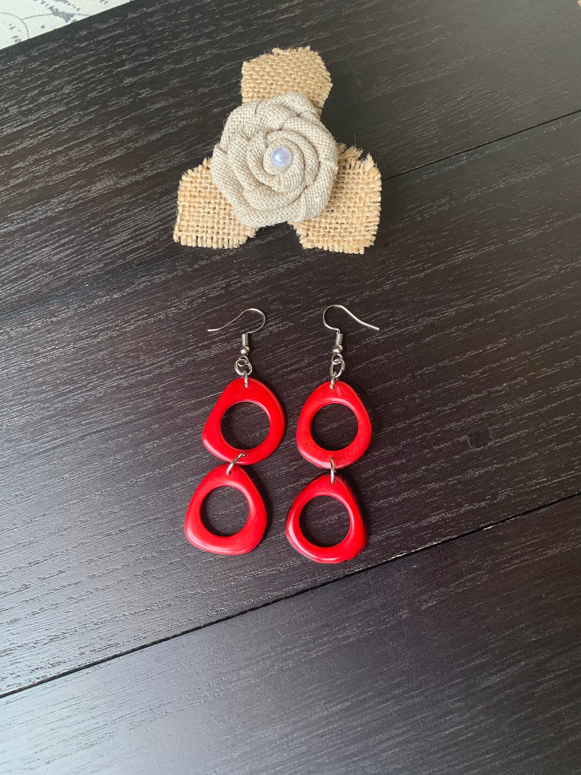 Red extra long dangle fashion earrings Tagua jewelry for wedding Statement drops Boho mod hoops Artisan handmade Mother's day gifts
