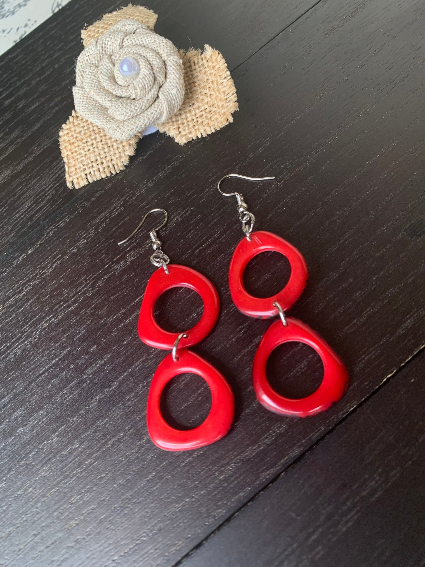 Red extra long dangle fashion earrings Tagua jewelry for wedding Statement drops Boho mod hoops Artisan handmade Mother's day gifts