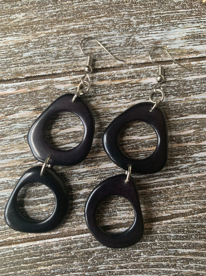 Black extra long dangle earrings Tagua fashion jewelry Statement drops For beach outfit Boho mod hoop Artisan handmade Fall fashion trends