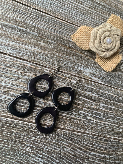 Black extra long dangle earrings Tagua fashion jewelry Statement drops For beach outfit Boho mod hoop Artisan handmade Fall fashion trends