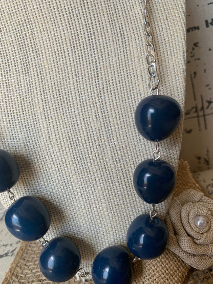 Navy blue Tagua necklace with silver chain Bubblegum bead necklace Anniversary gift for wife Beach trendy fashion Statement bib collar