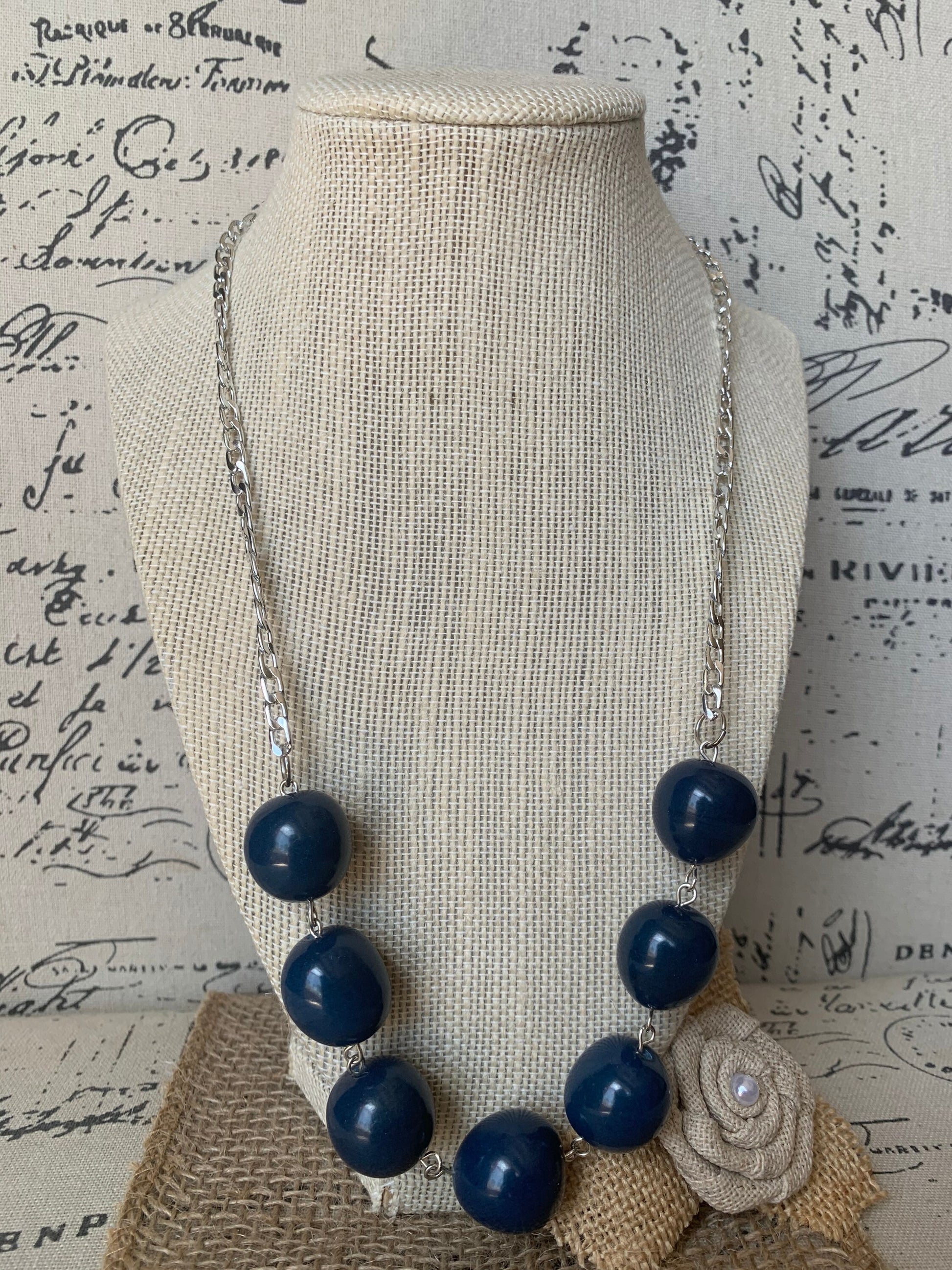 Navy blue Tagua necklace with silver chain Bubblegum bead necklace Anniversary gift for wife Beach trendy fashion Statement bib collar