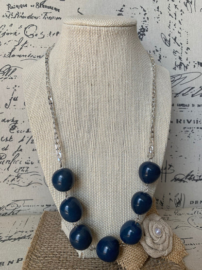 Navy blue Tagua necklace with silver chain Bubblegum bead necklace Anniversary gift for wife Beach trendy fashion Statement bib collar