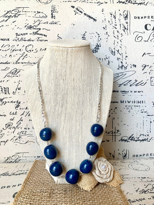 Navy blue Tagua necklace with silver chain Bubblegum bead necklace Anniversary gift for wife Beach trendy fashion Statement bib collar