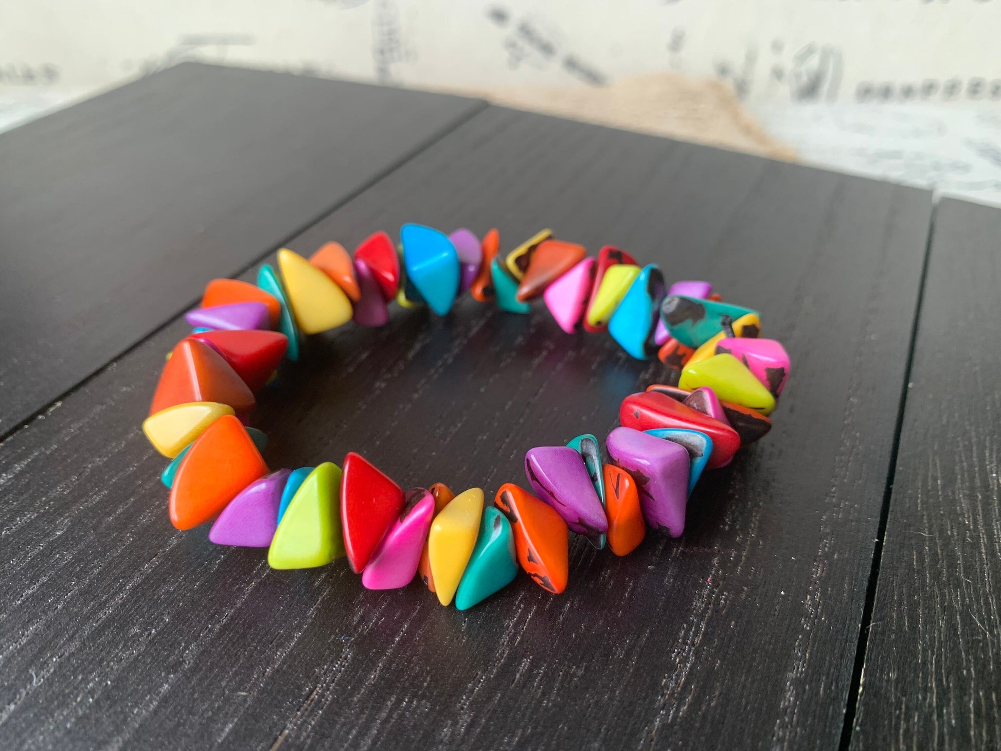 Rainbow beaded bracelet Tagua nut jewelry Gifts from Colombia Pride bangle Summer fashion trends Spring style Organic Fun unusual bracelet