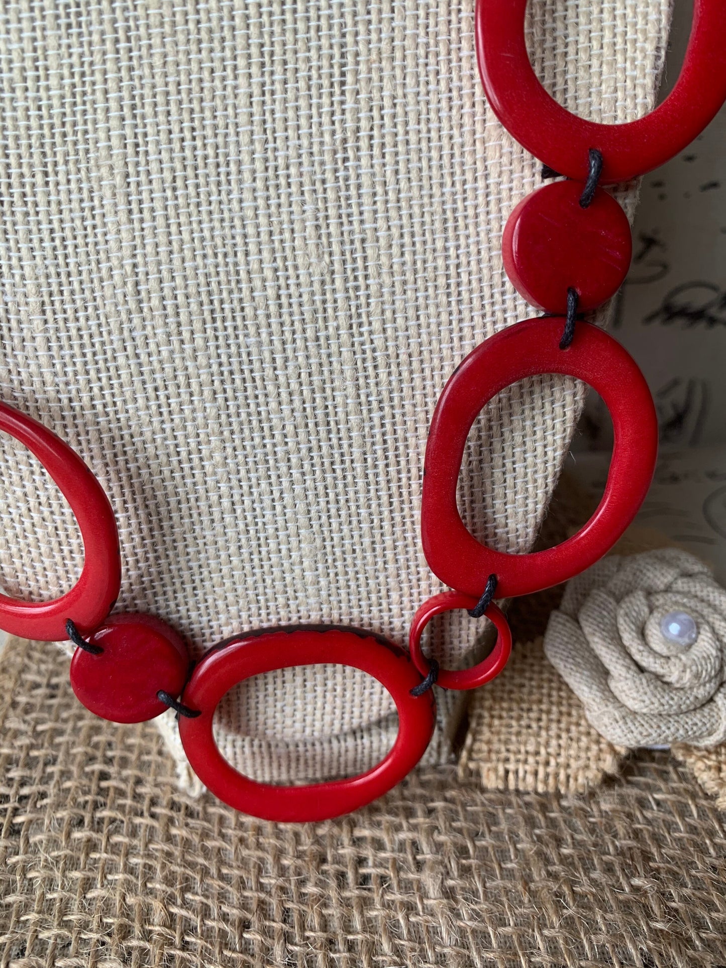 Red tagua necklace Statement geometric jewelry Handmade donut shape beads Boho mod adjustable collar Christmas gifts for wife For Holidays