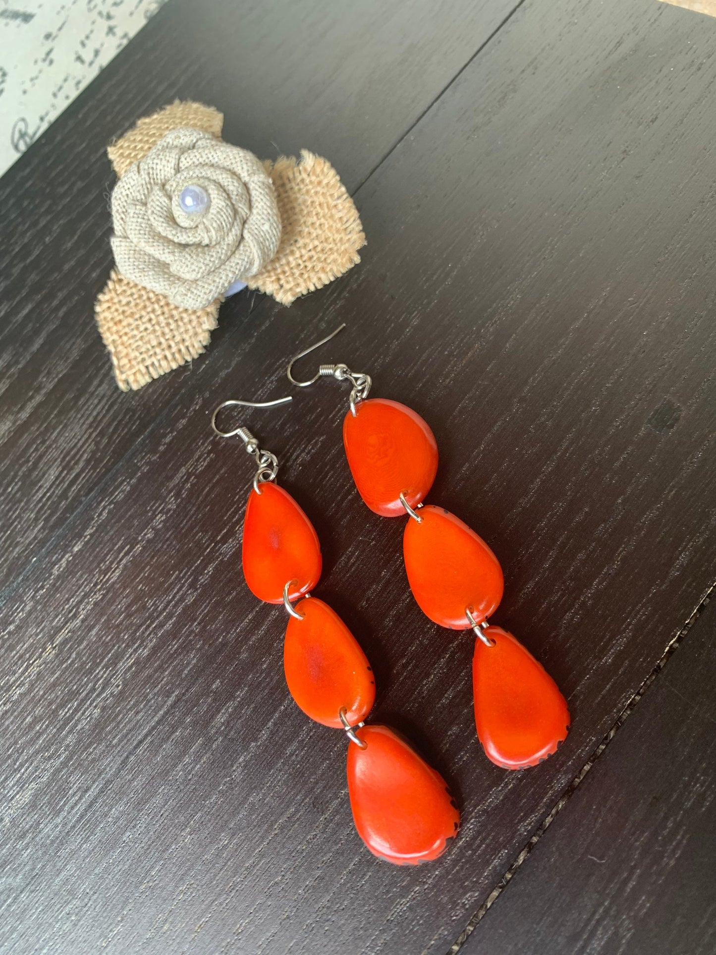 Orange statement dangle earrings Extra long tagua earrings beaded Summer fashion jewelry Casual trendy drops Boho mod style Artisan handmade