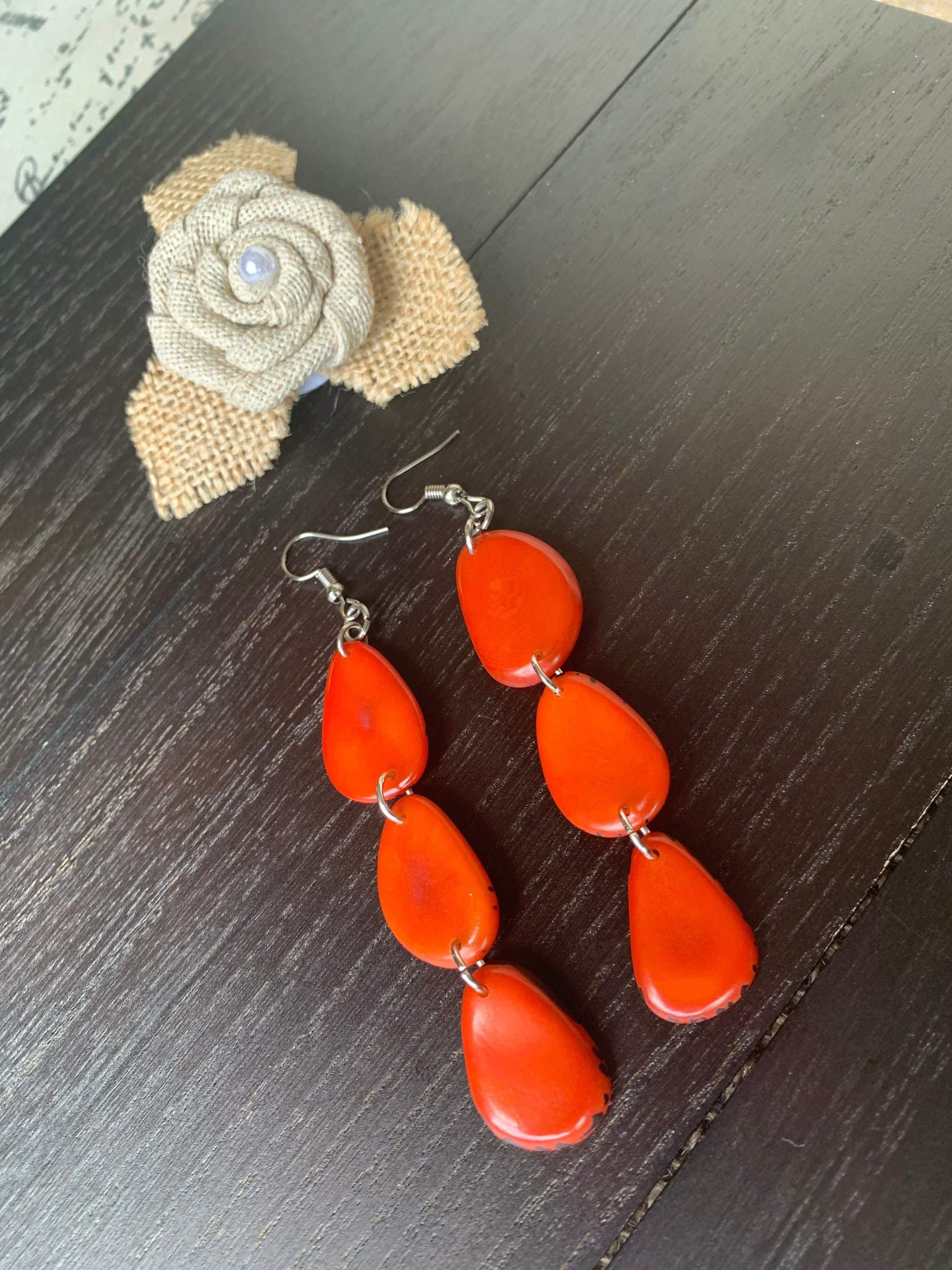 Orange statement dangle earrings Extra long tagua earrings beaded Summer fashion jewelry Casual trendy drops Boho mod style Artisan handmade