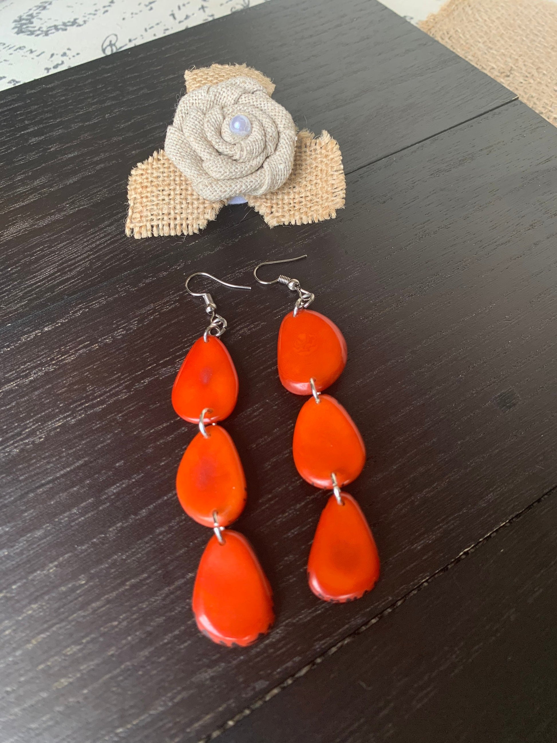 Orange statement dangle earrings Extra long tagua earrings beaded Summer fashion jewelry Casual trendy drops Boho mod style Artisan handmade